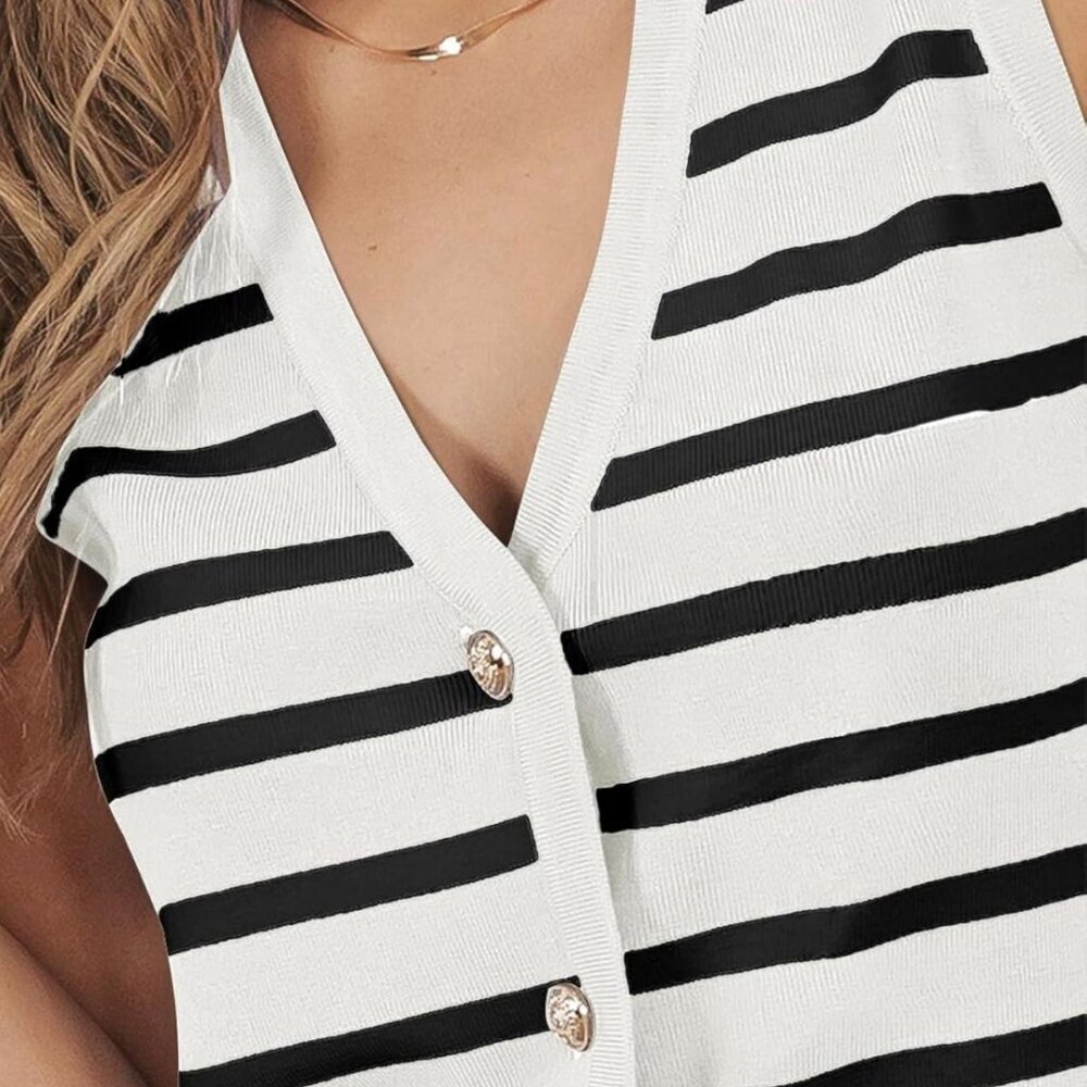 LILLUSORY Black & White Striped Knit Vest – Gold Buttons | Size XL | New - Picture 5 of 5
